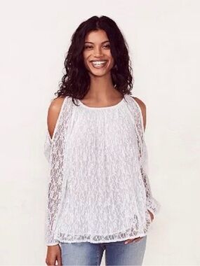 LC Lauren Conrad White Lace Pleated Cold Shoulder Top Blouse Size XS Boho